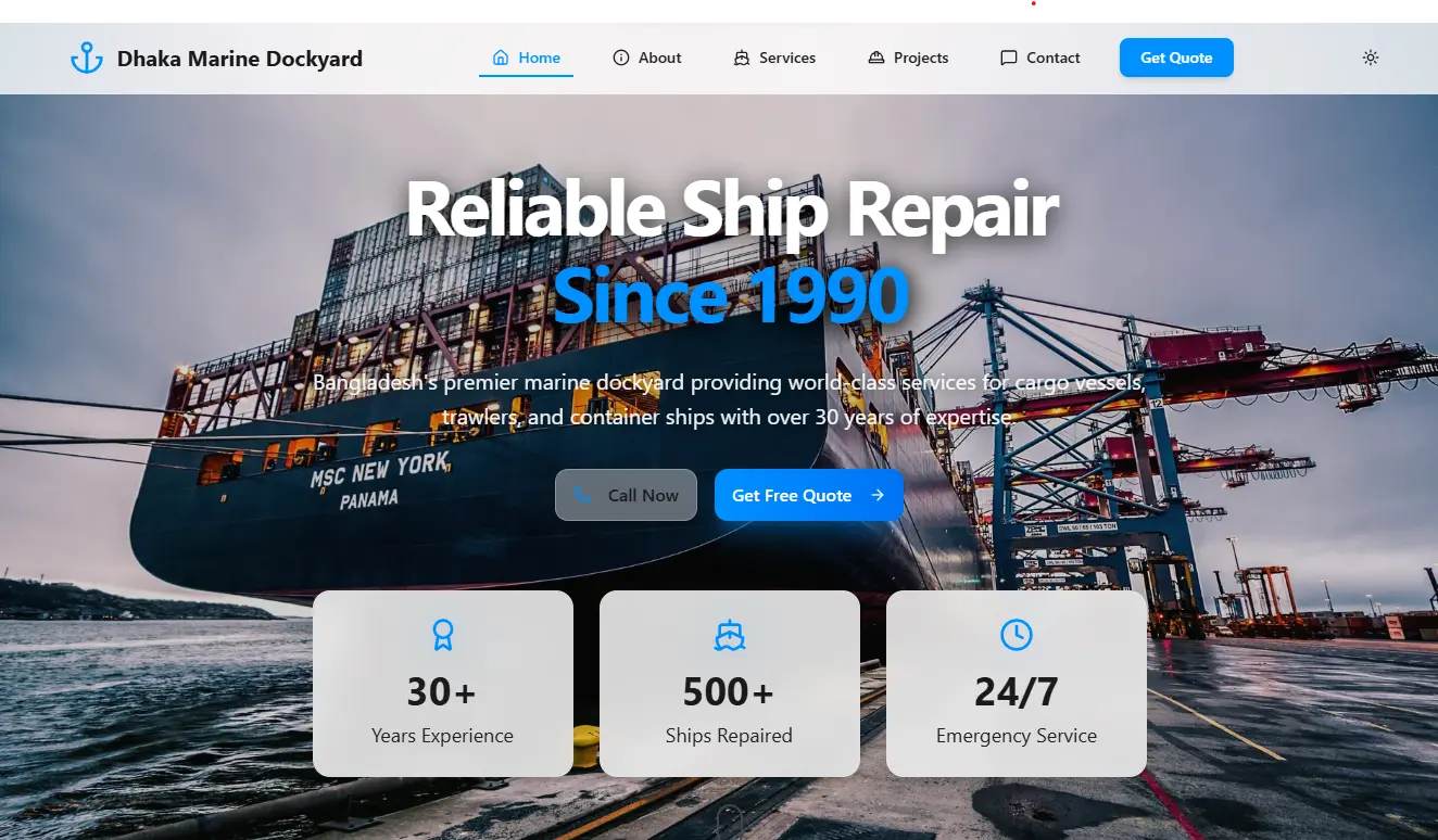 DMD Dockyard Homepage - Hero Section with Ship